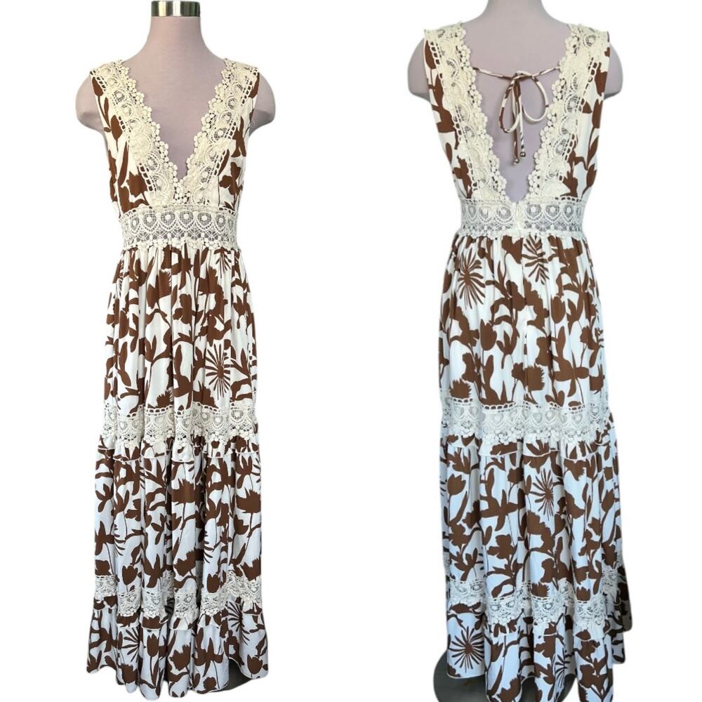 NWOT Unique Deep V Bohemian Grecian Style Maxi Dress Tobacco Brown Cream Size 8